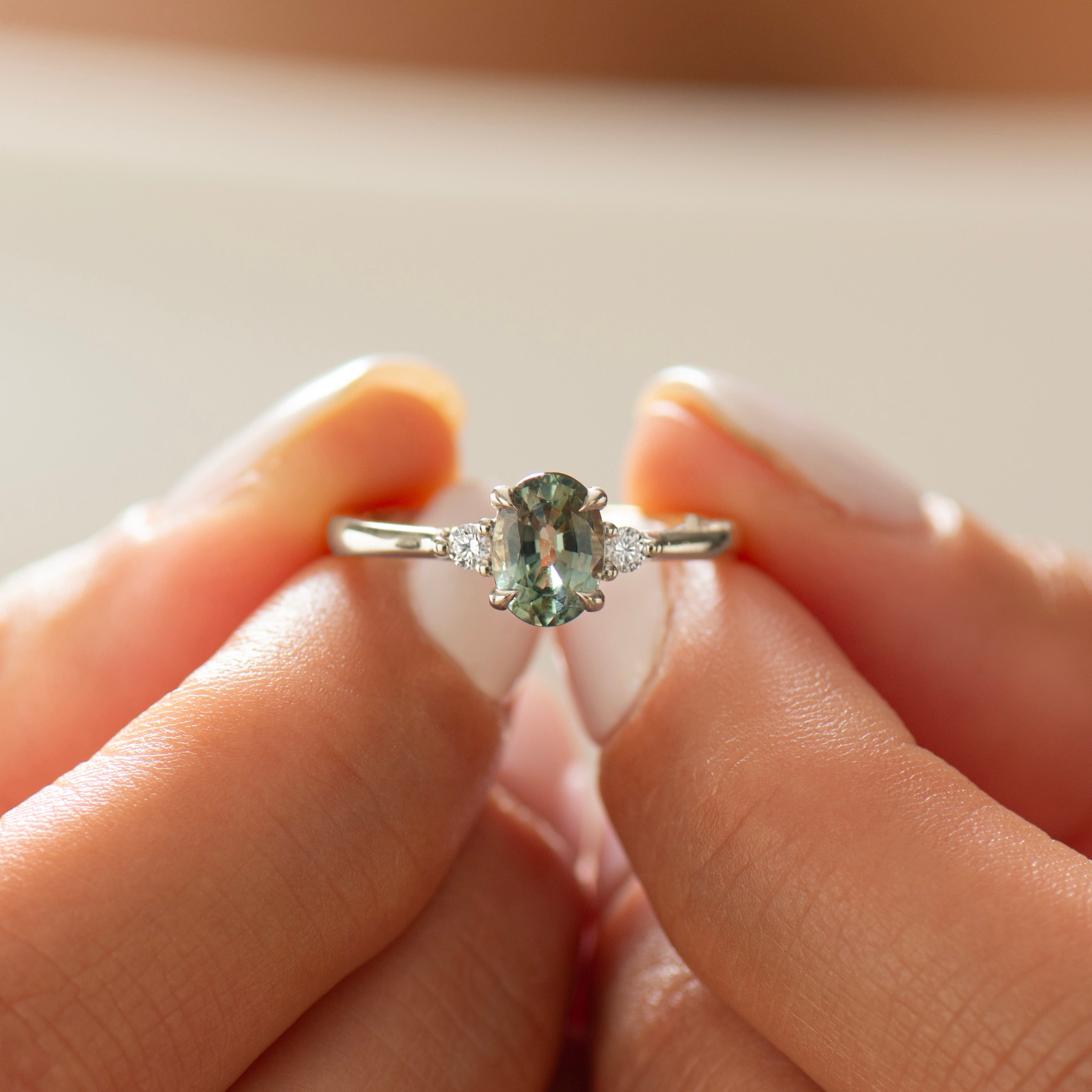 Floating Blue Green Teal Sapphire Ring