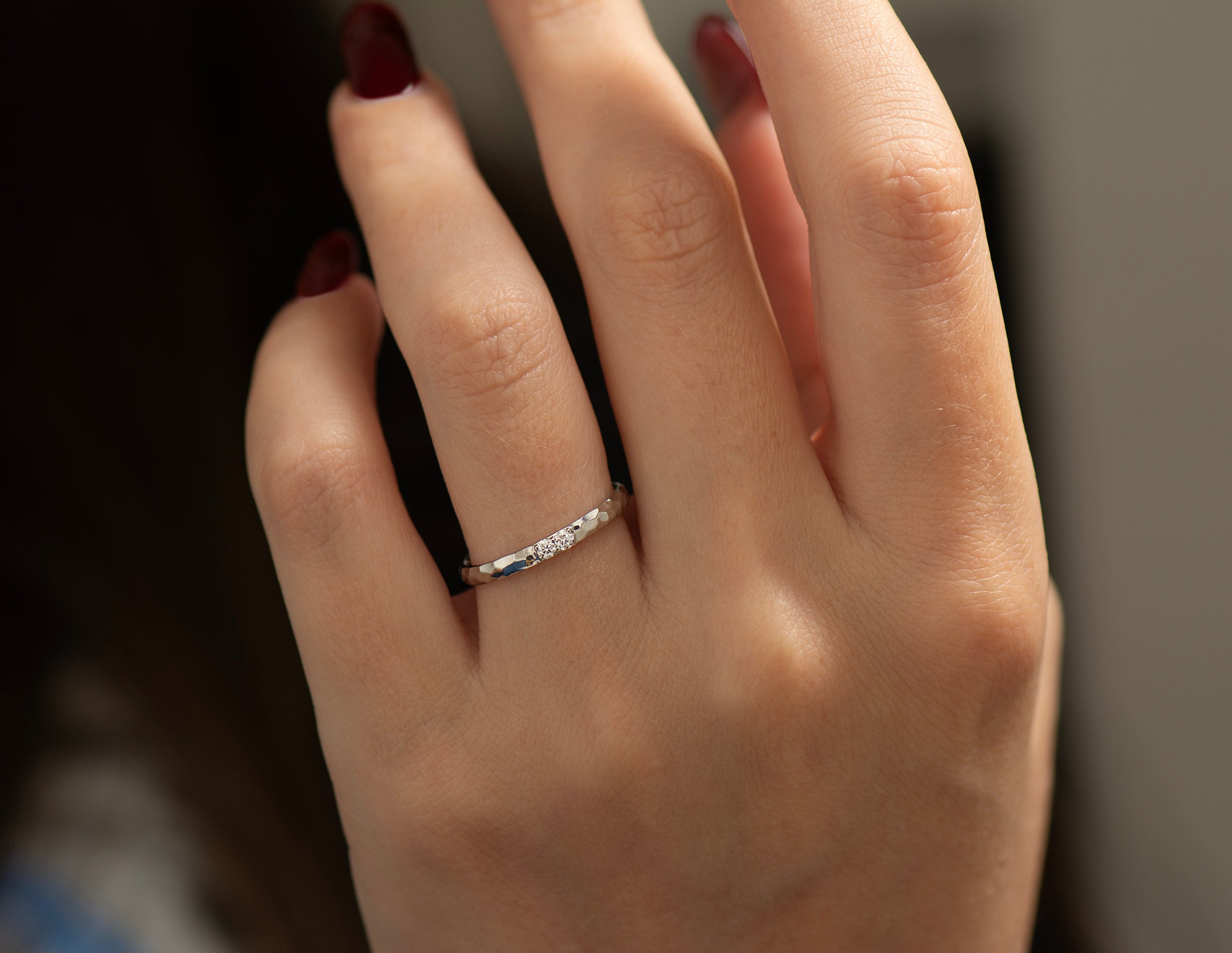 2 mm 2 Diamonds Hammered Wedding Ring