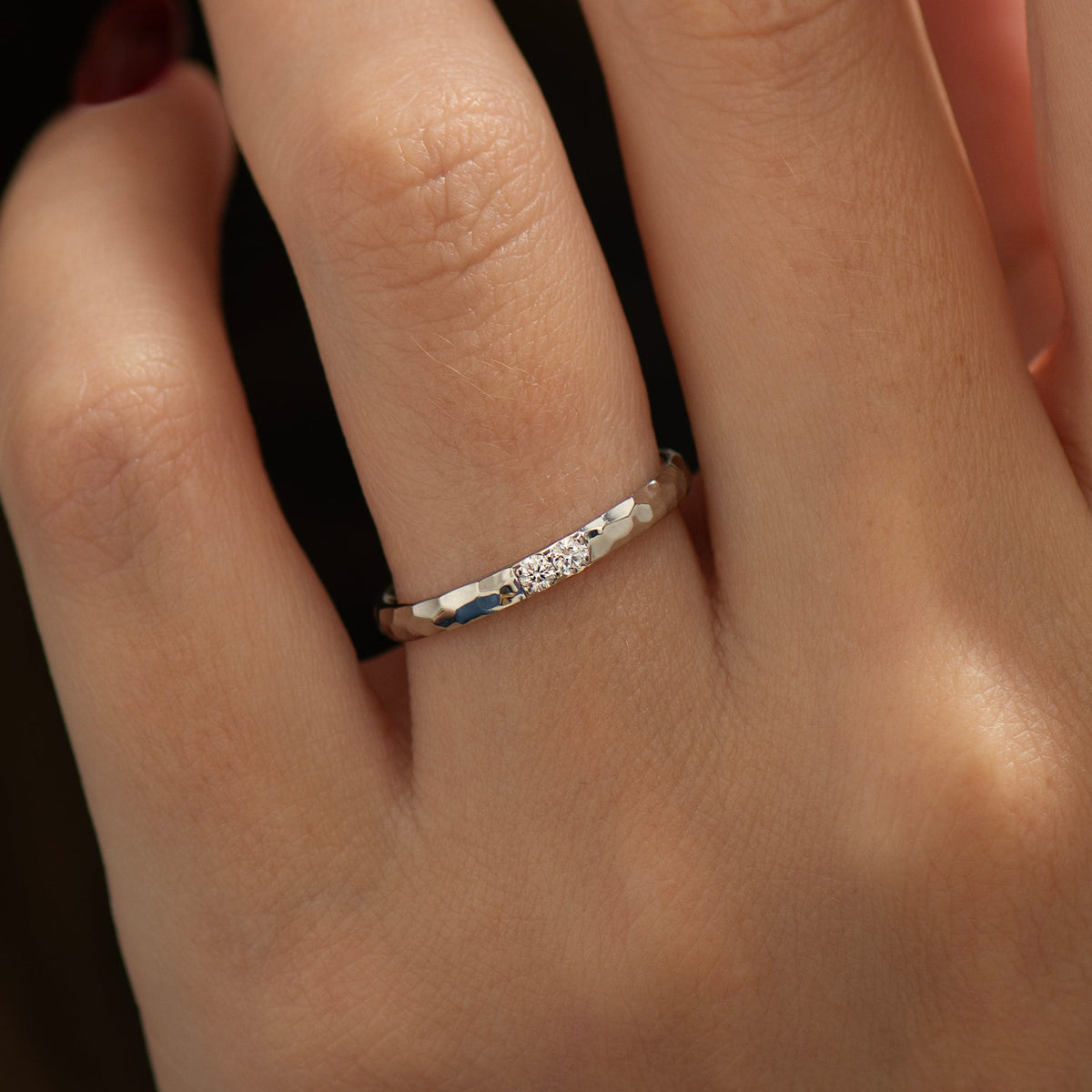 2 mm 2 Diamonds Hammered Wedding Ring