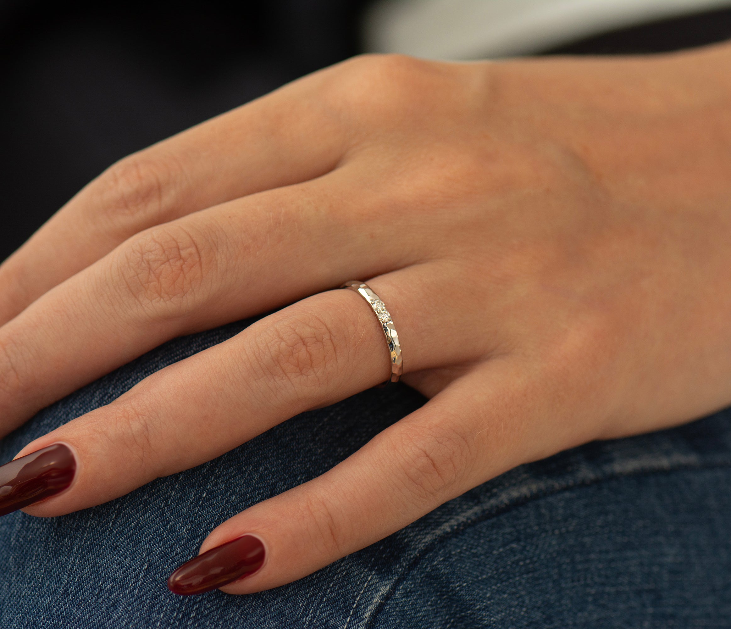 2 mm 2 Diamonds Hammered Wedding Ring