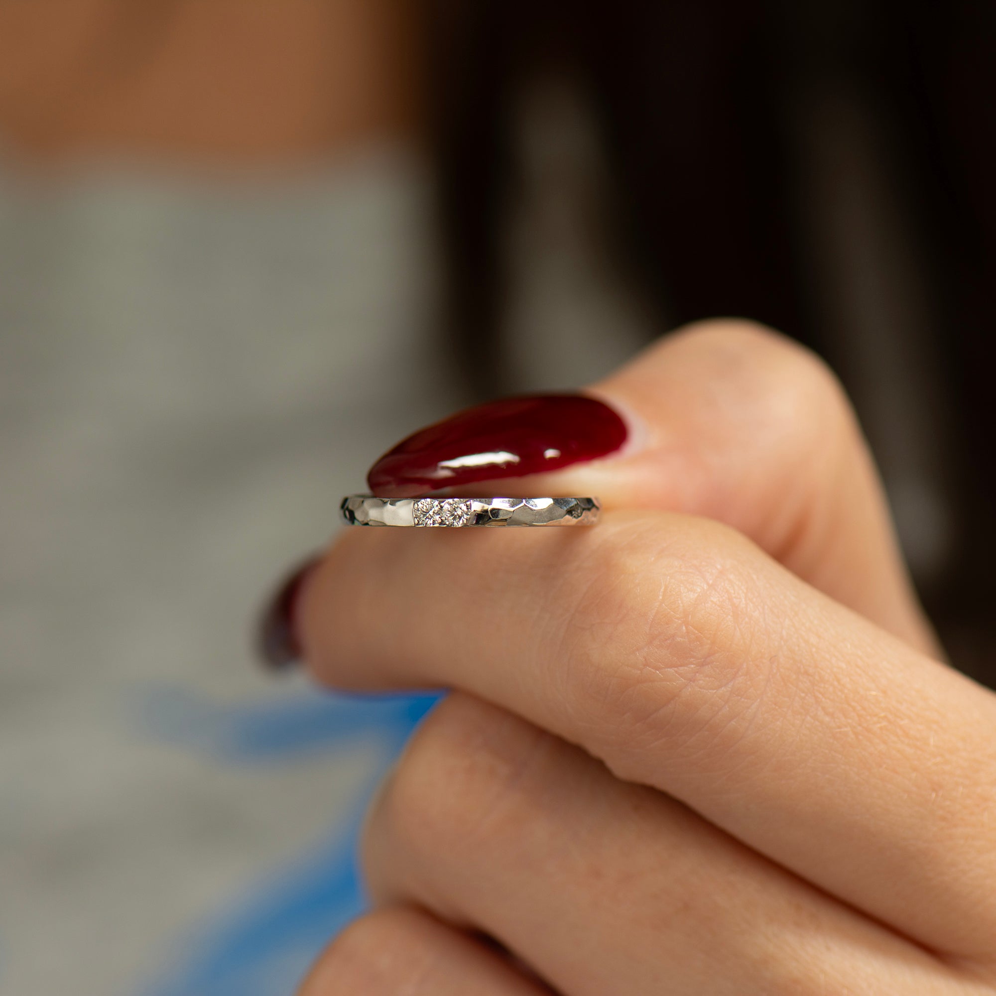 2 mm 2 Diamonds Hammered Wedding Ring