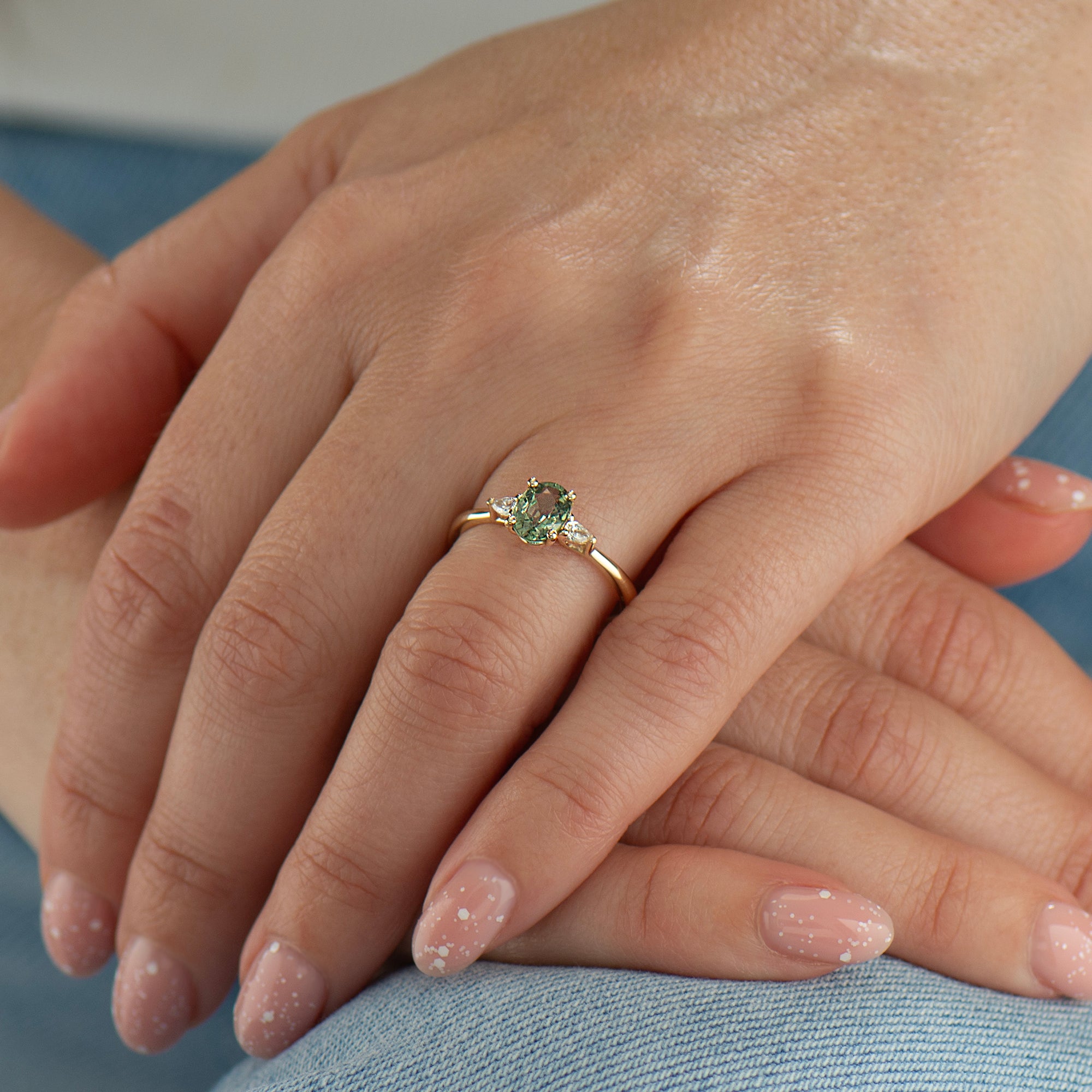 Floating Green Sapphire Engagement Ring - Oval