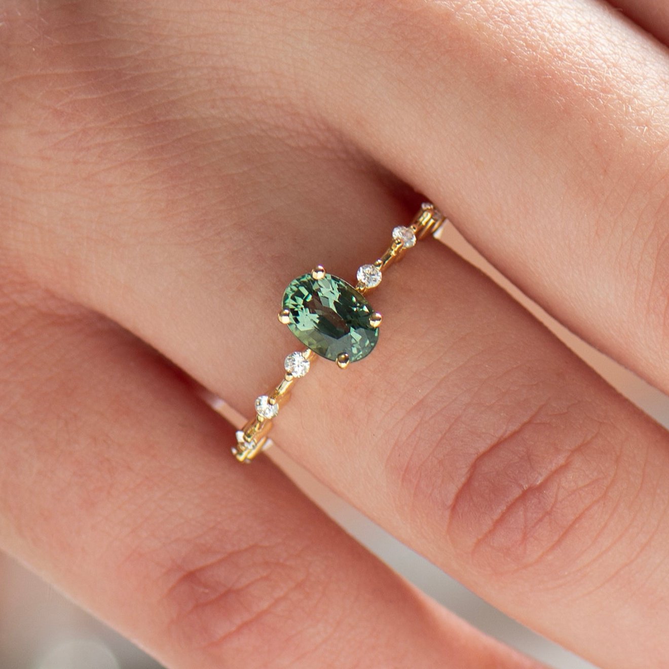 Green Blue Sapphire Engagement Ring