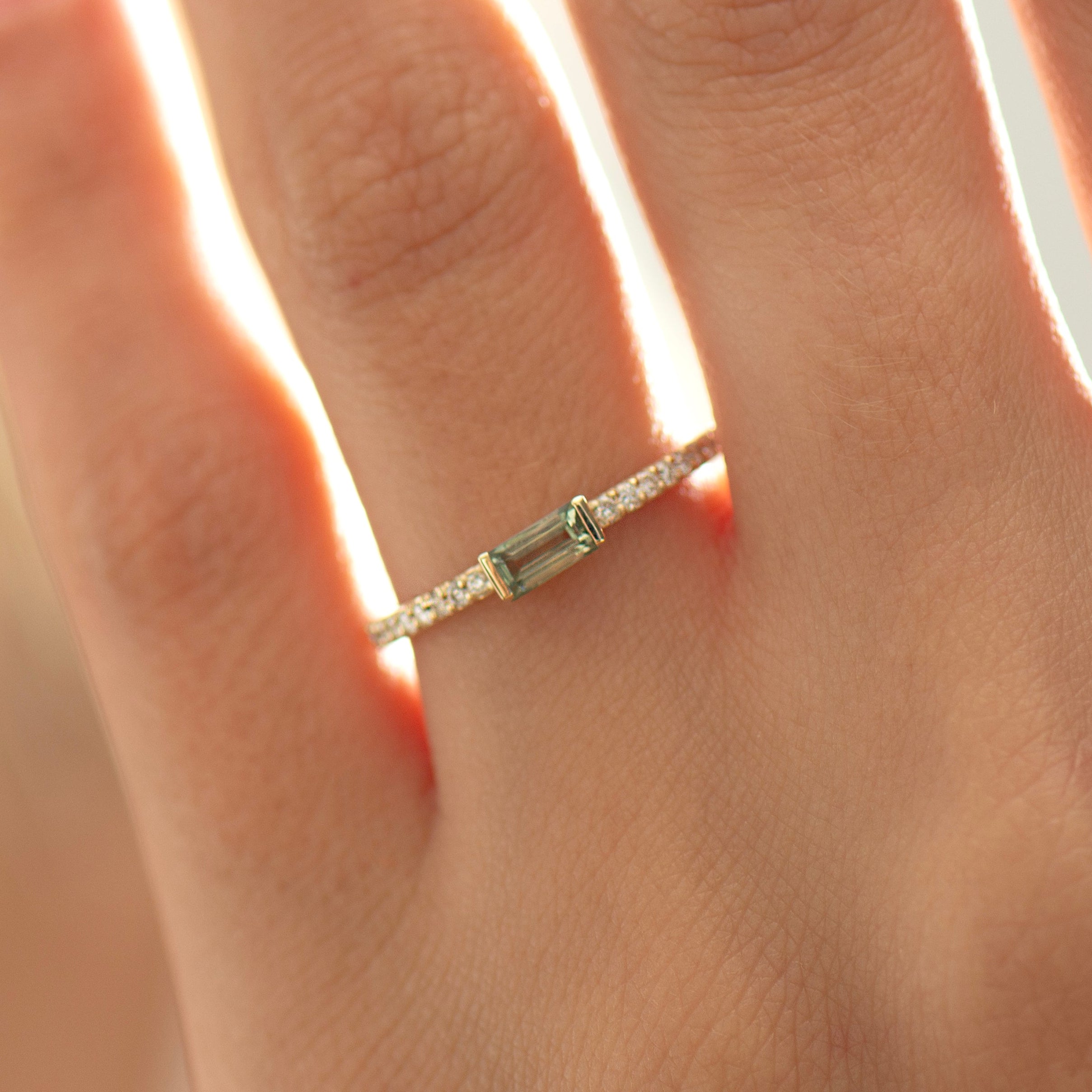 Half Bezel, Baguette Green Sapphire Ring