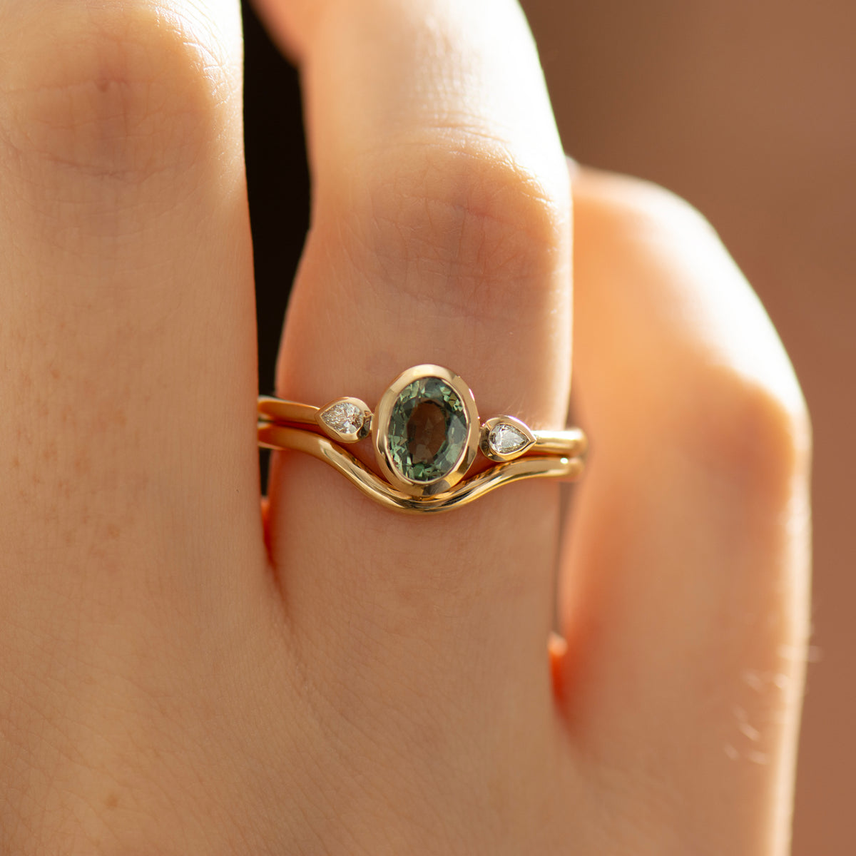Bezel Green Sapphire Rings Set
