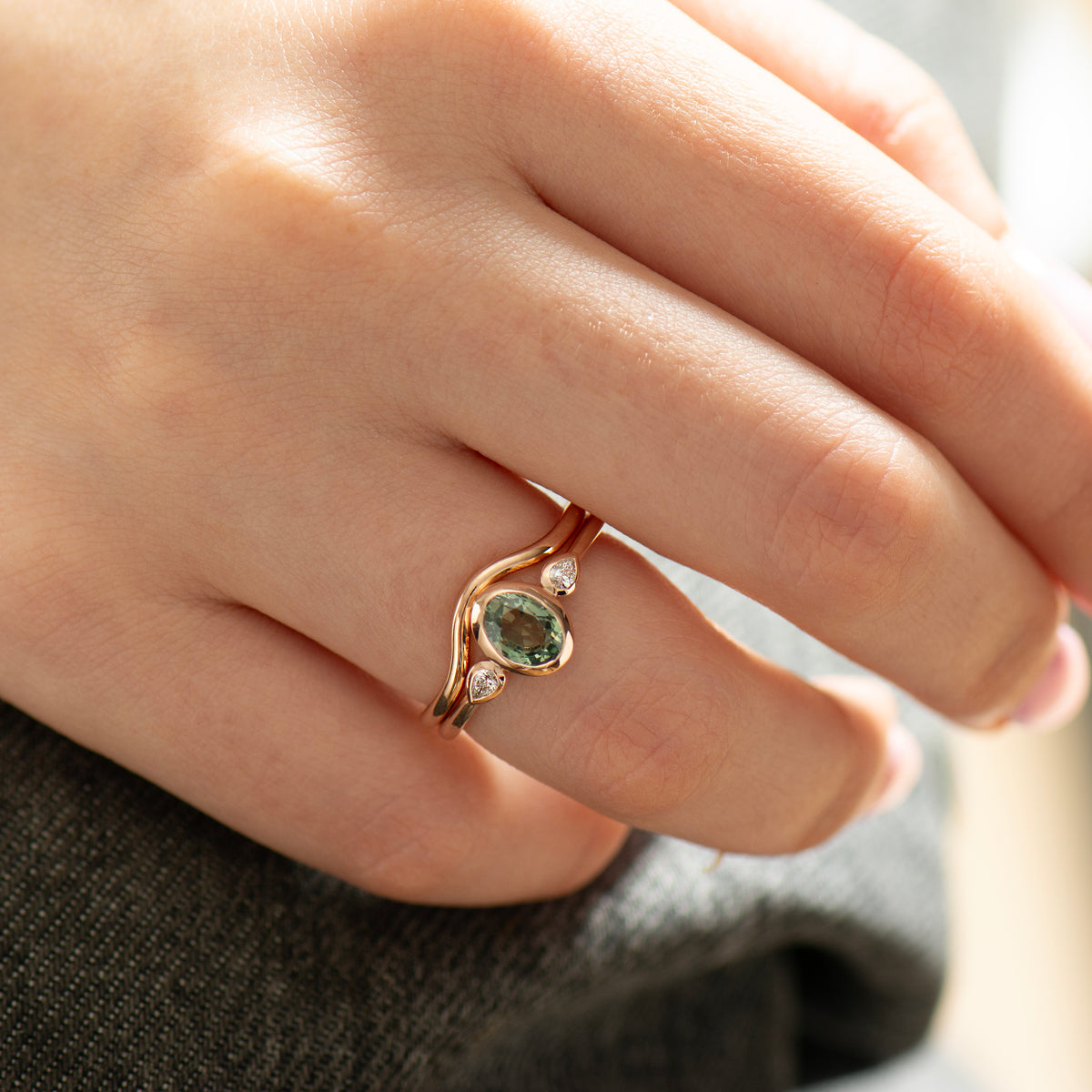 Bezel Green Sapphire Rings Set