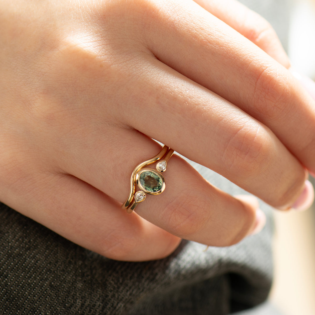 Bezel Green Sapphire Rings Set