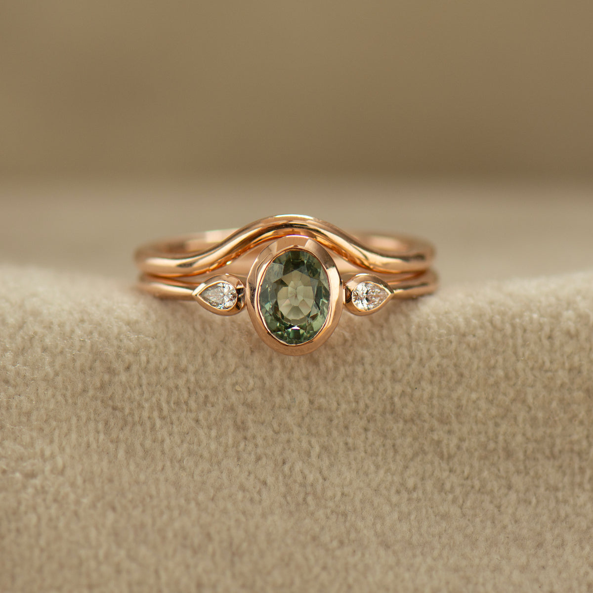 Bezel Green Sapphire Rings Set