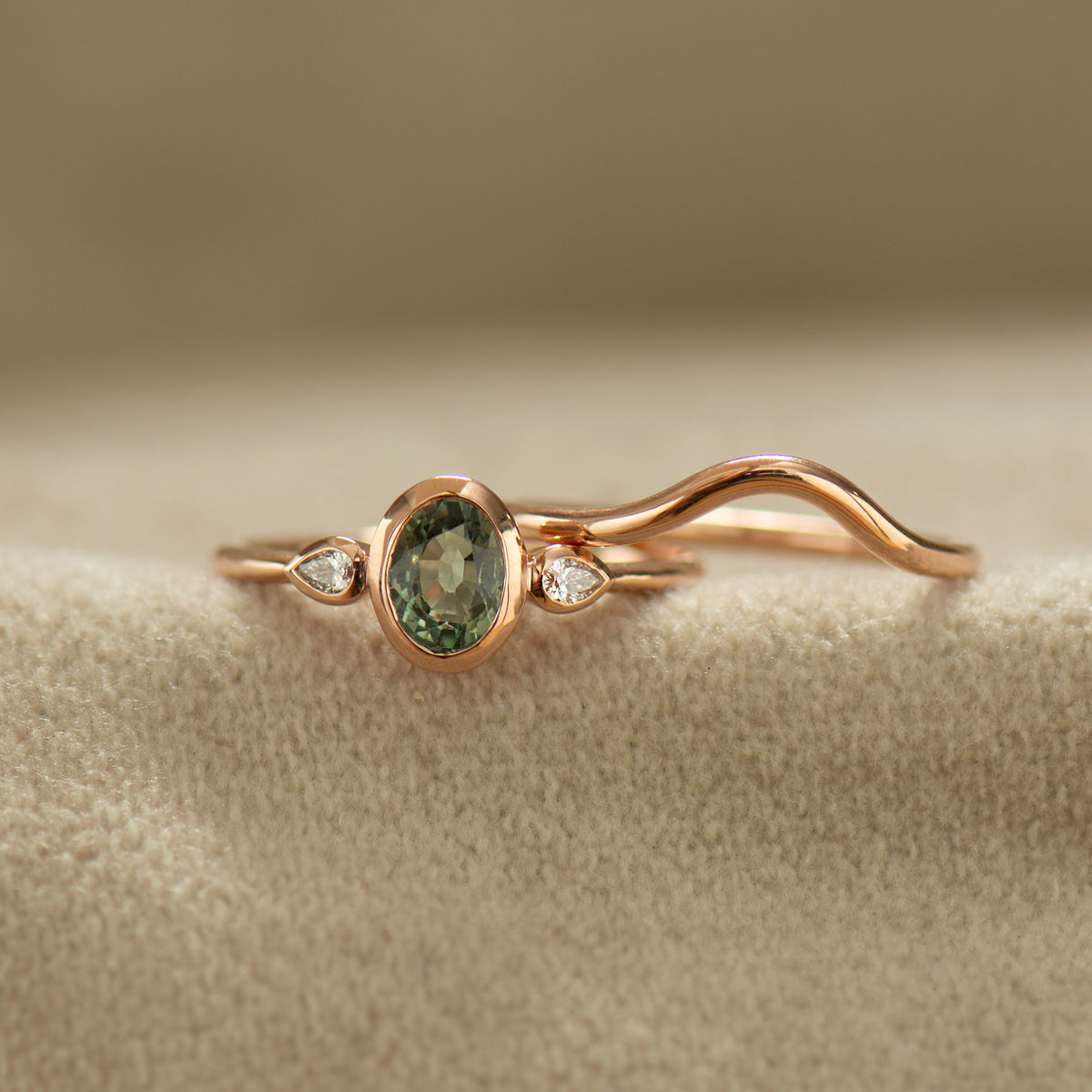 Bezel Green Sapphire Rings Set