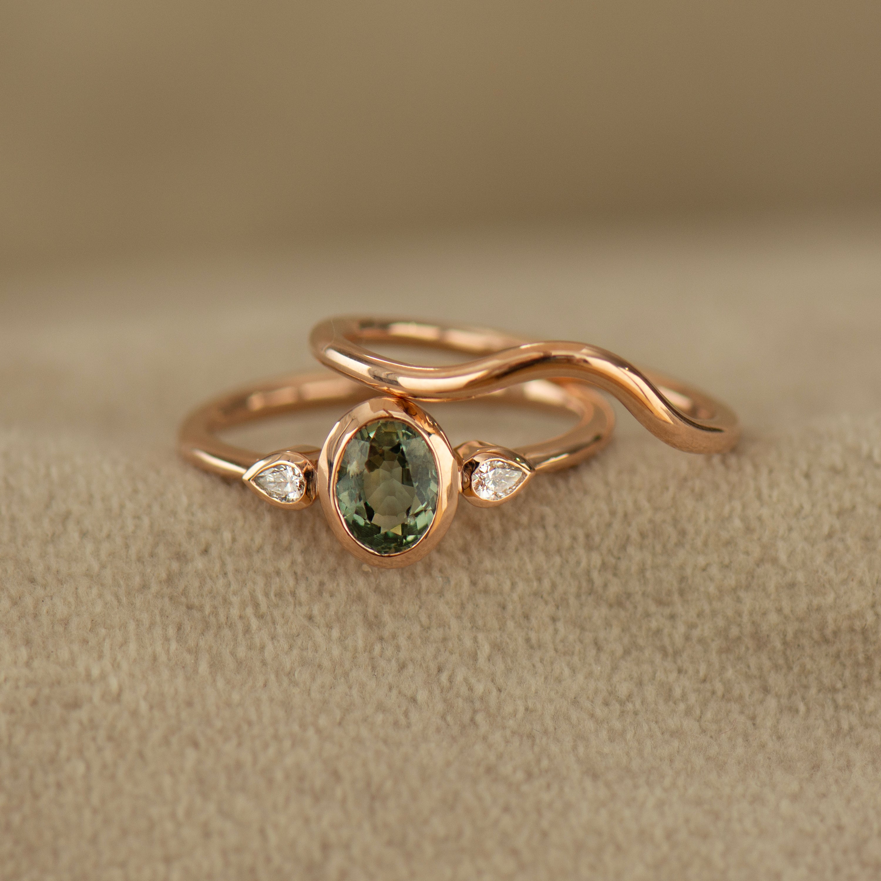 Bezel Green Sapphire Rings Set