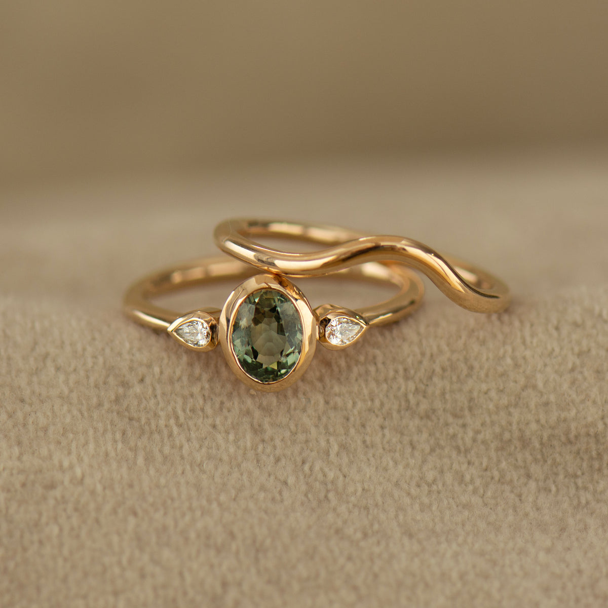 Bezel Green Sapphire Rings Set