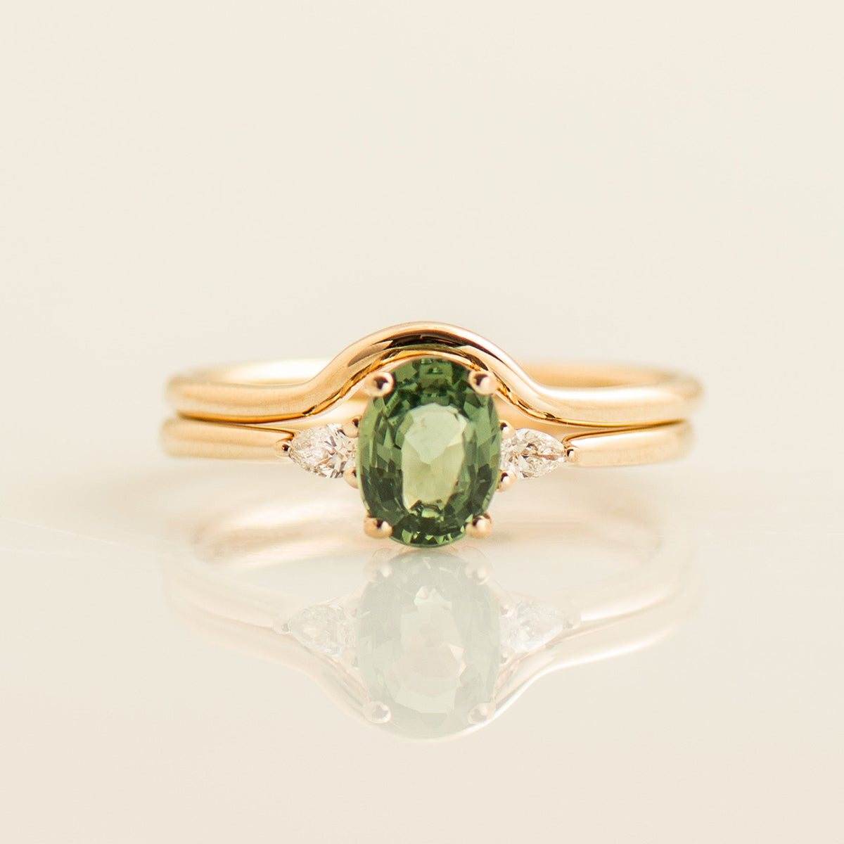 Three Stones Green Sapphire Engagement Set - Plain