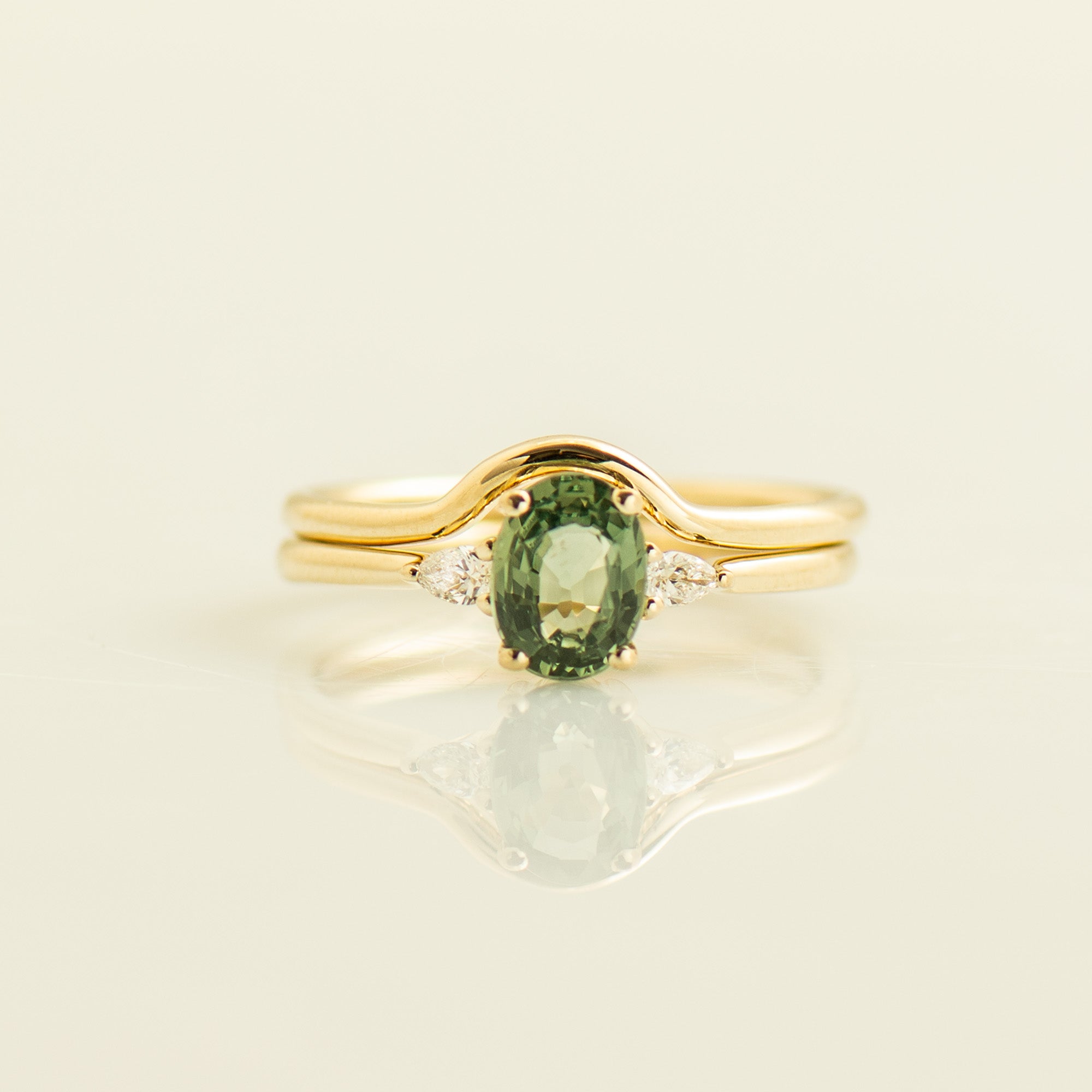 Three Stones Green Sapphire Engagement Set - Plain