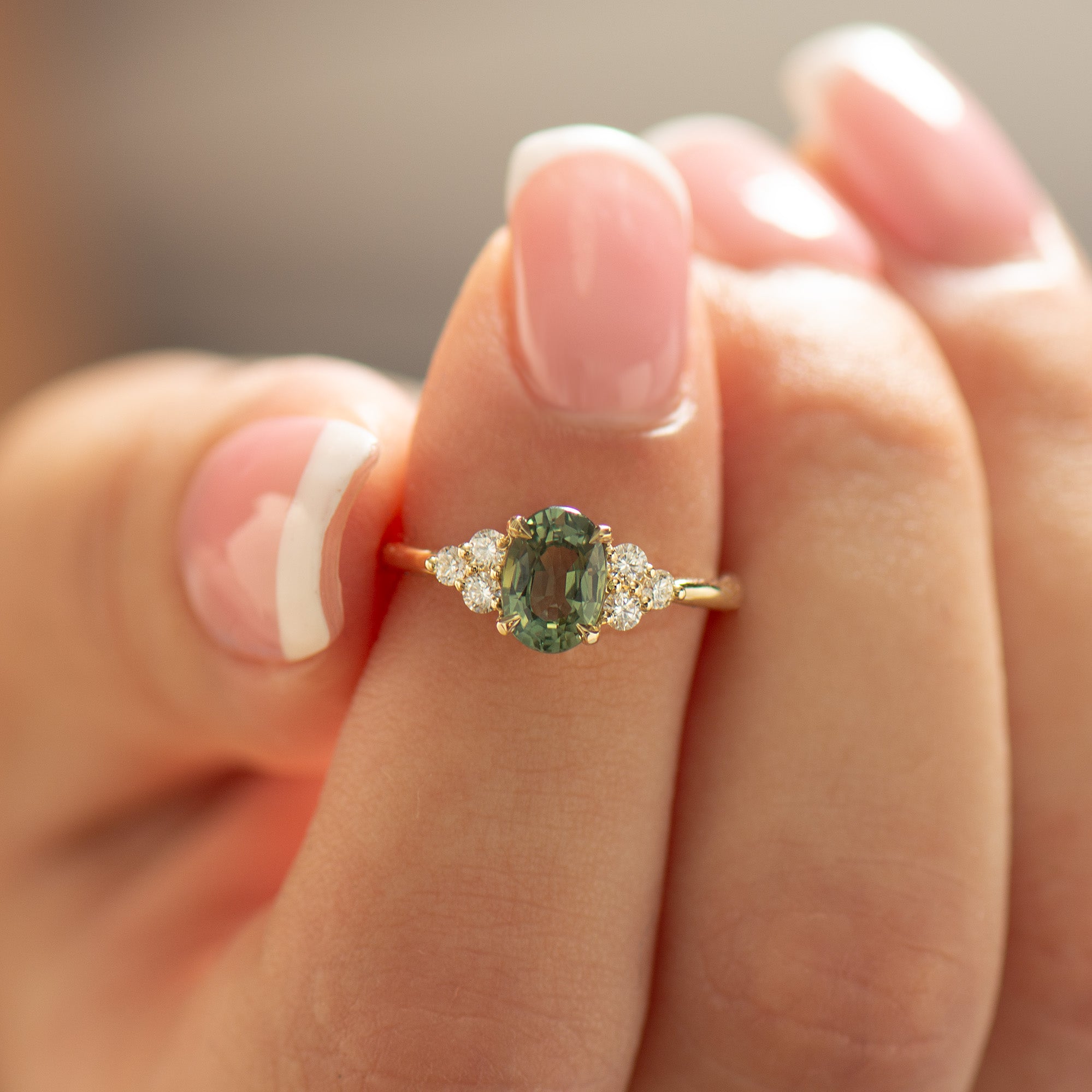 Cluster Green Sapphire Engagement Ring - Round Sides