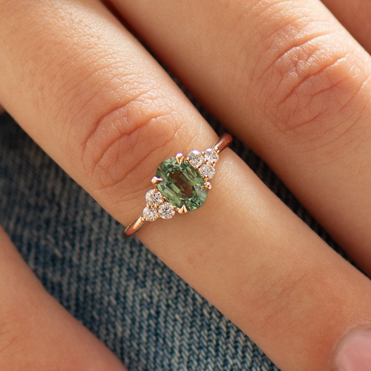 Cluster Green Sapphire Engagement Ring - Round Sides