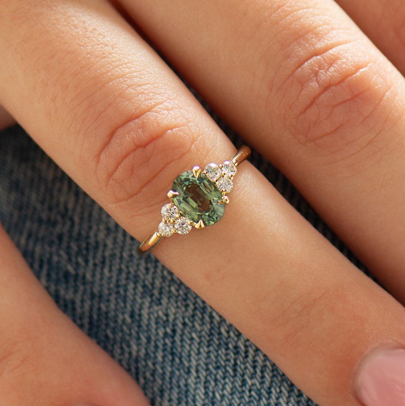 Cluster Green Sapphire Engagement Ring - Round Sides