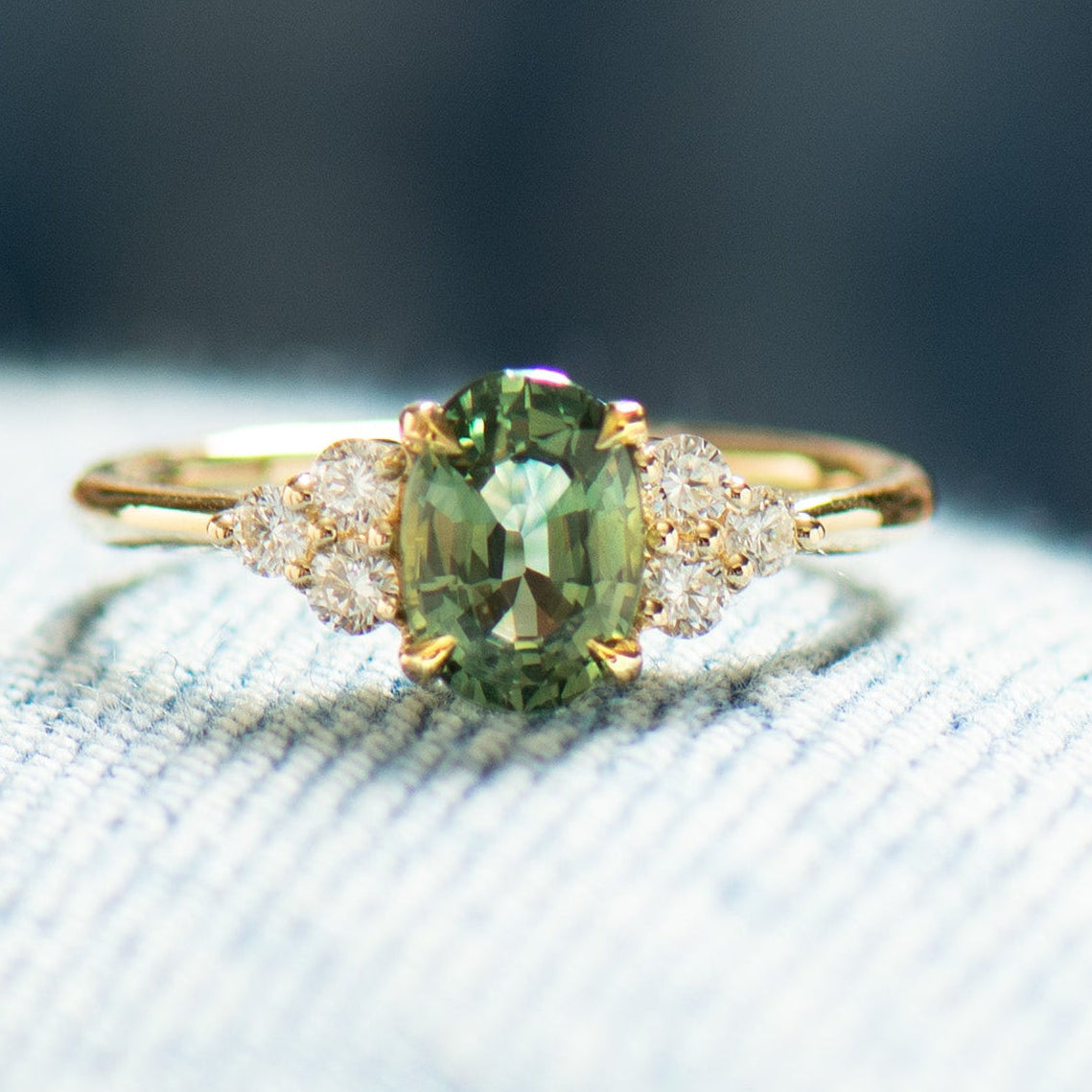 Cluster Green Sapphire Engagement Ring - Round Sides