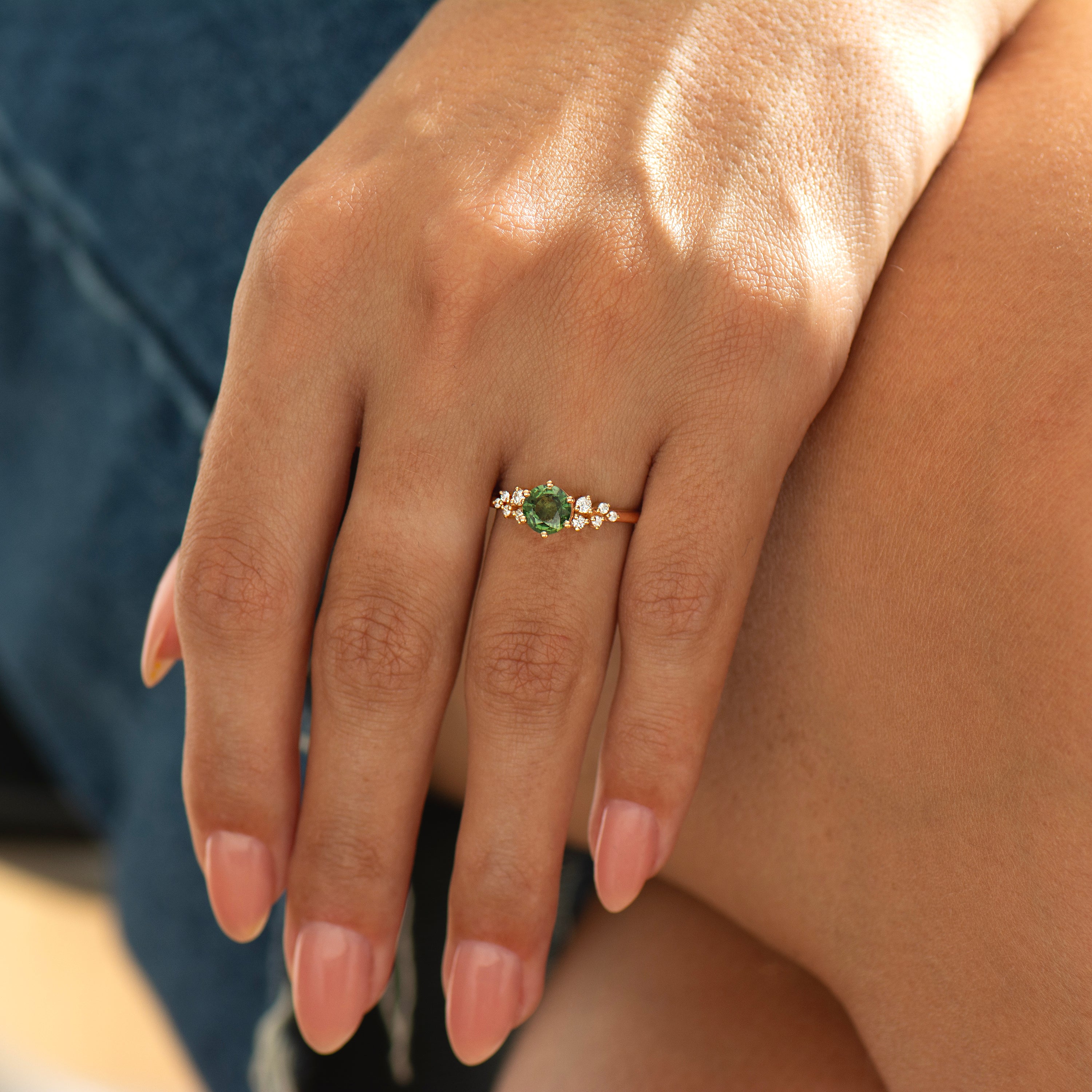 0.91 Carat Bloom Forest Green Cluster Ring - 18K Yellow Gold