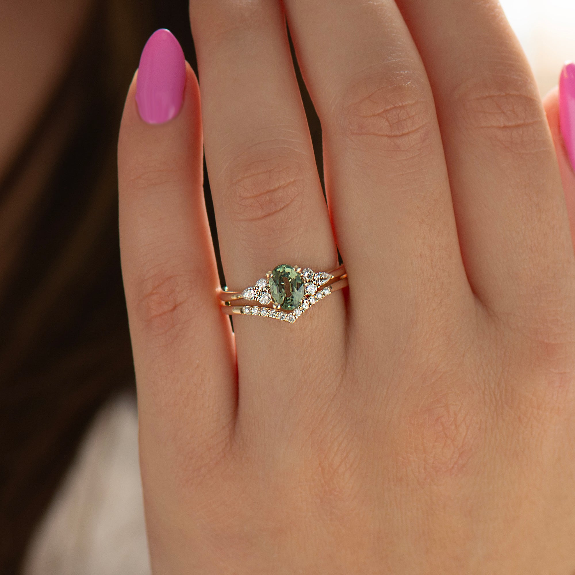 Green Sapphire Engagement Set - Natural Diamonds Set