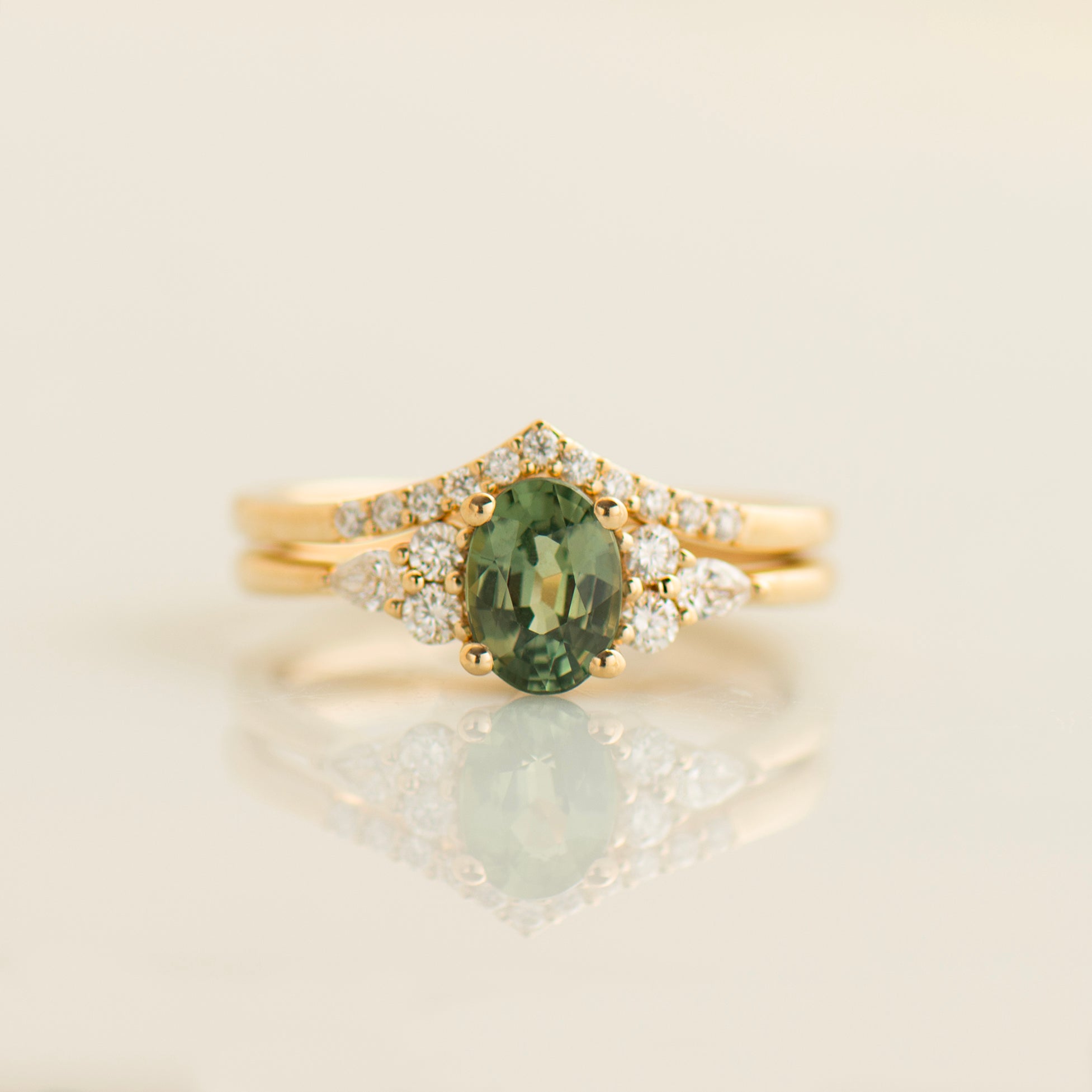 Green Sapphire Engagement Set - Natural Diamonds Set