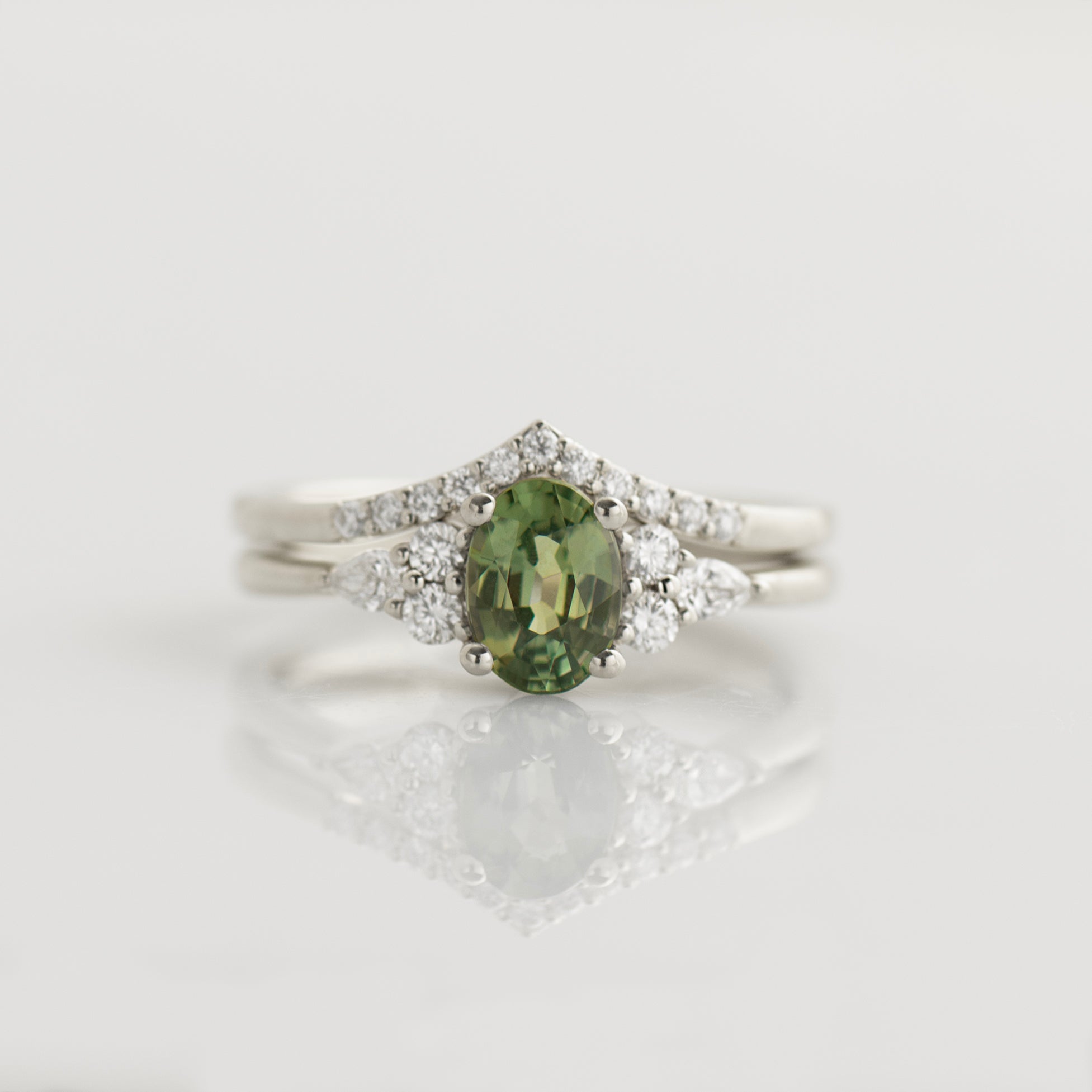 Green Sapphire Engagement Set - Natural Diamonds Set