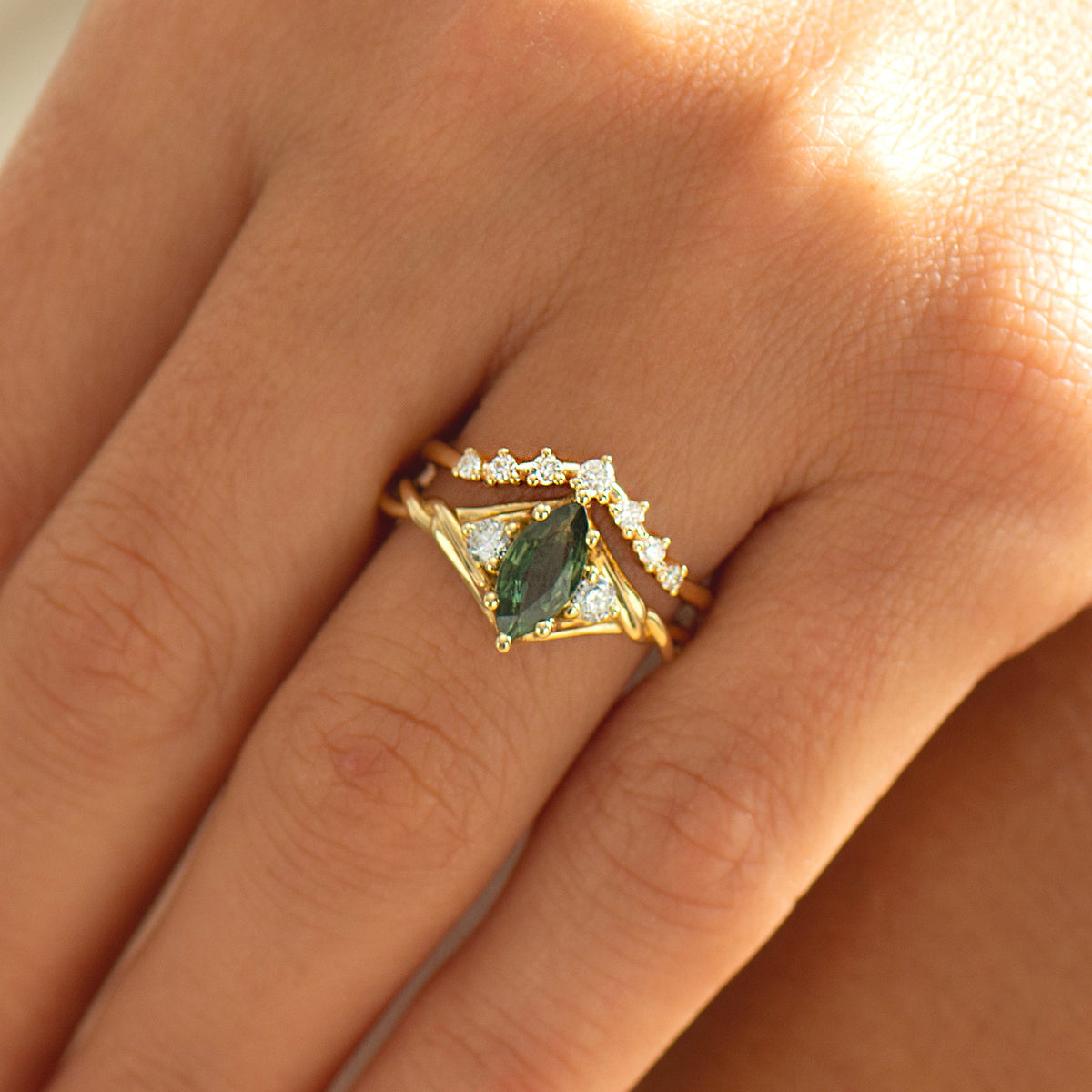 Celtic Knot Marquise Green Sapphire Ring Set