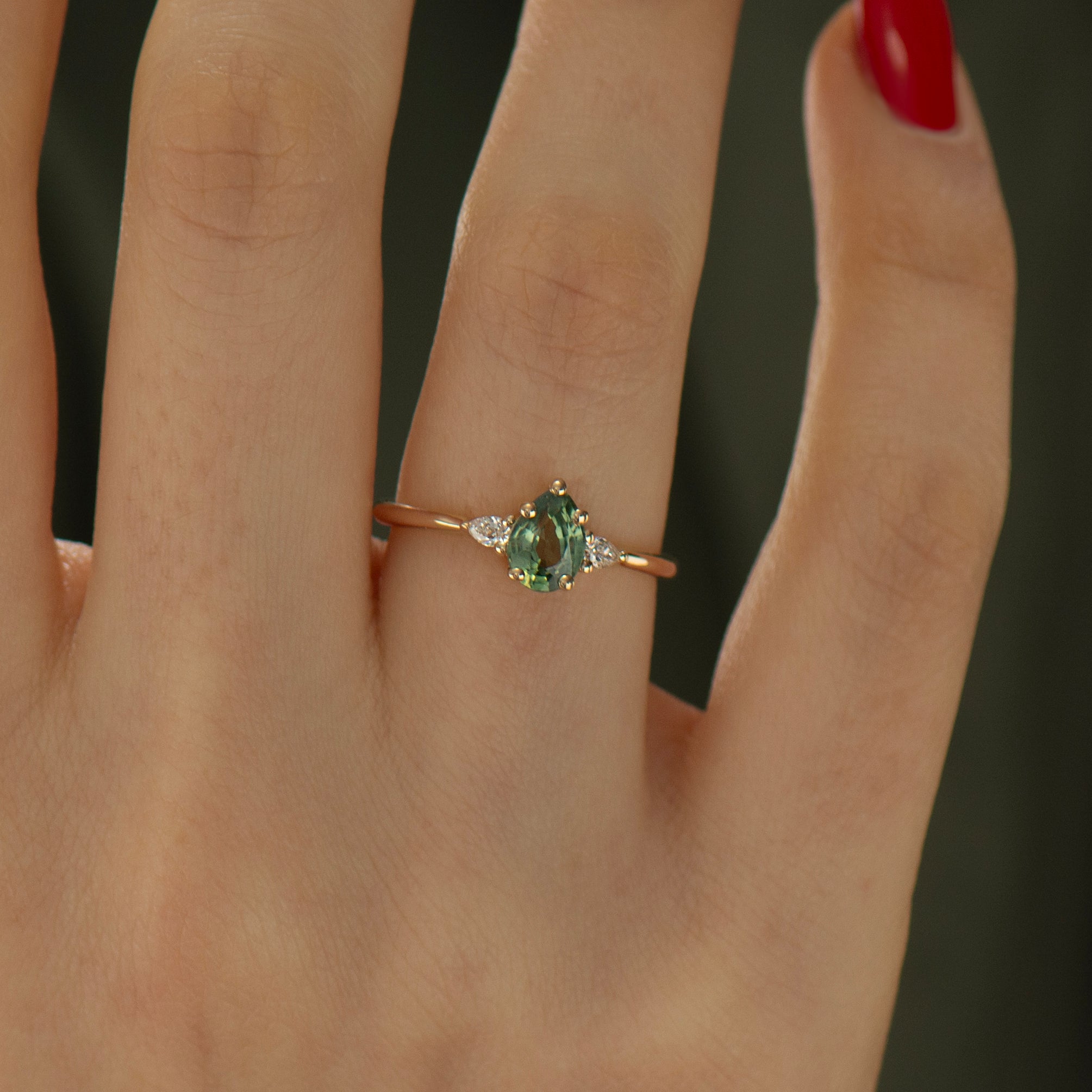 Green Sapphire Engagement Ring - Pear