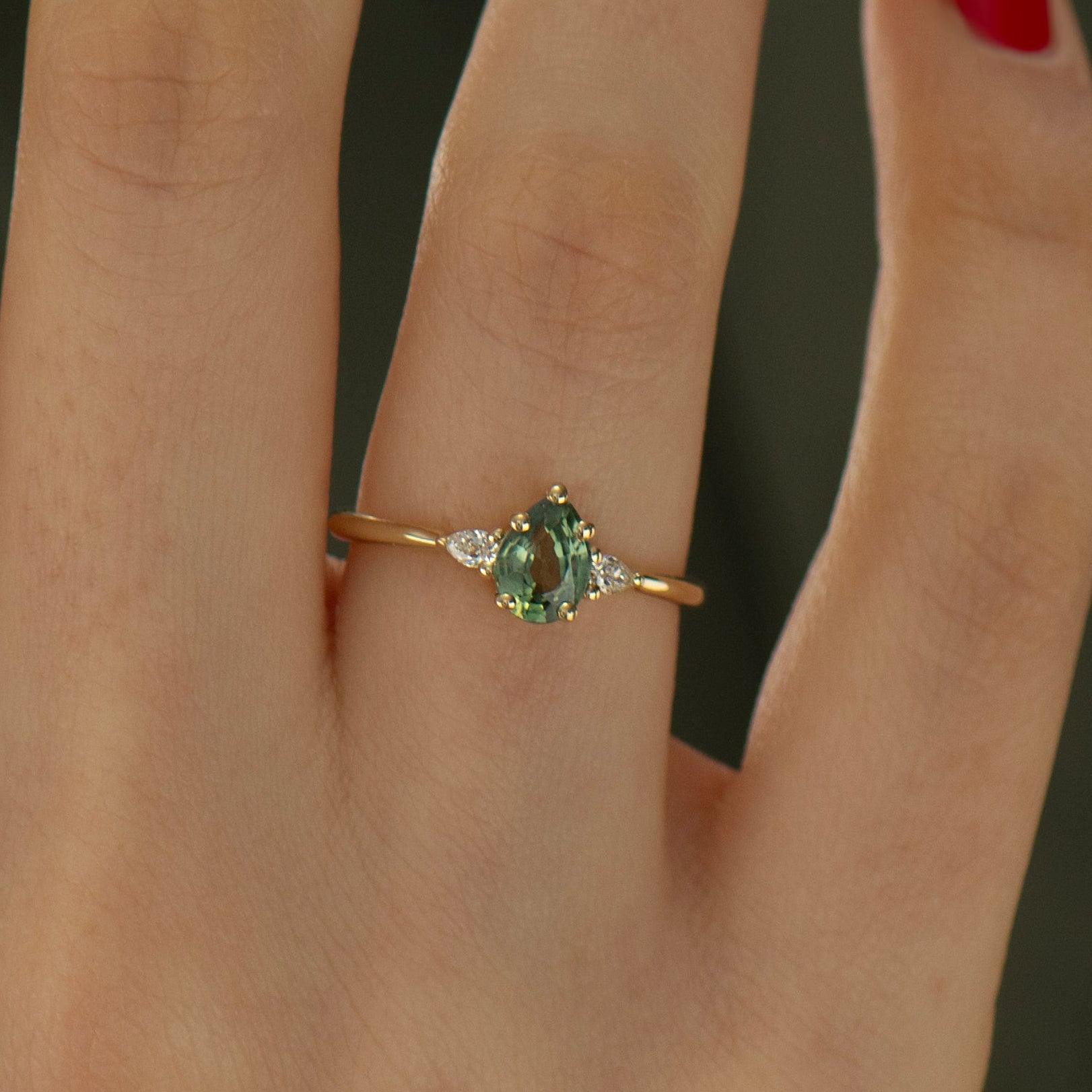 Green Sapphire Engagement Ring - Pear
