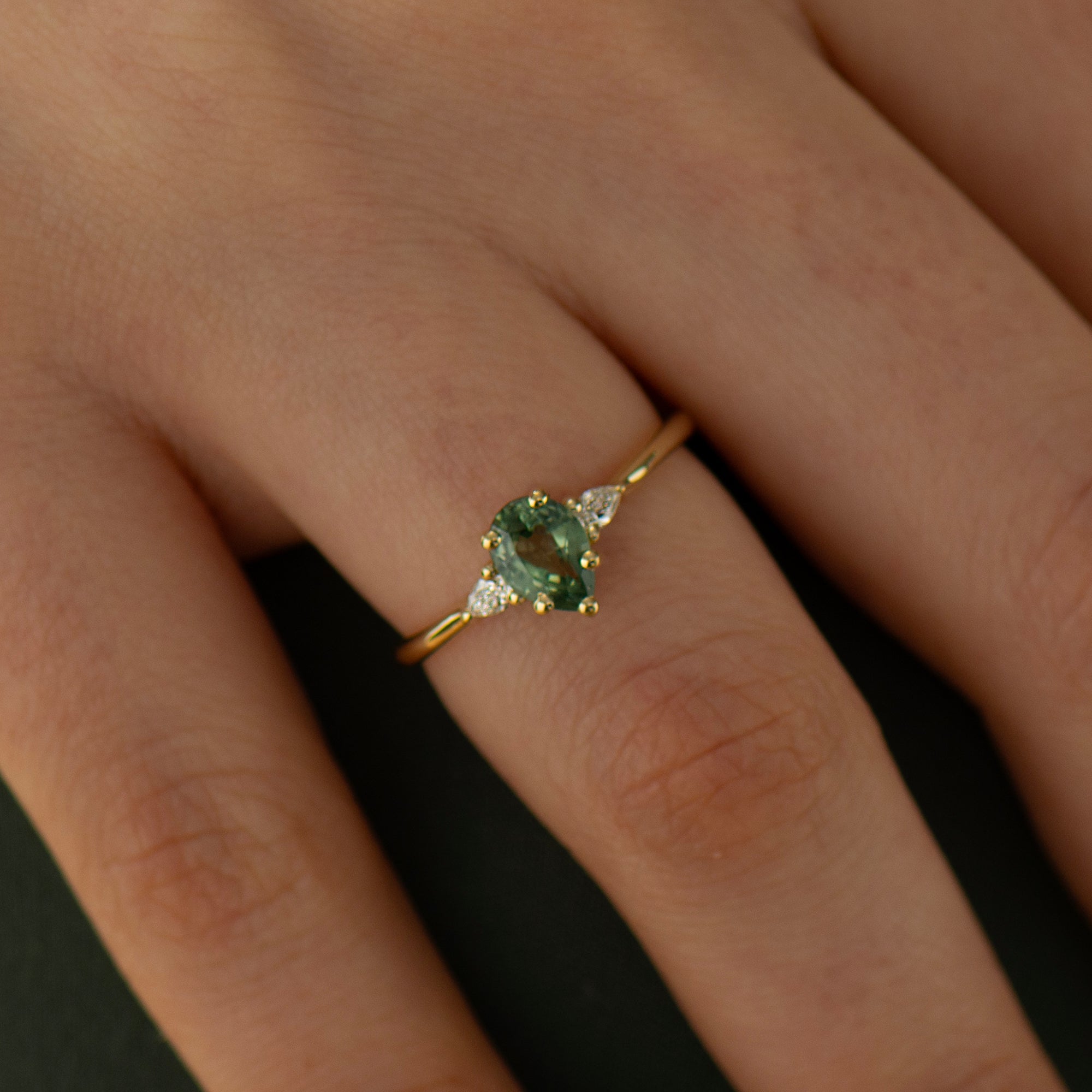 Green Sapphire Engagement Ring - Pear