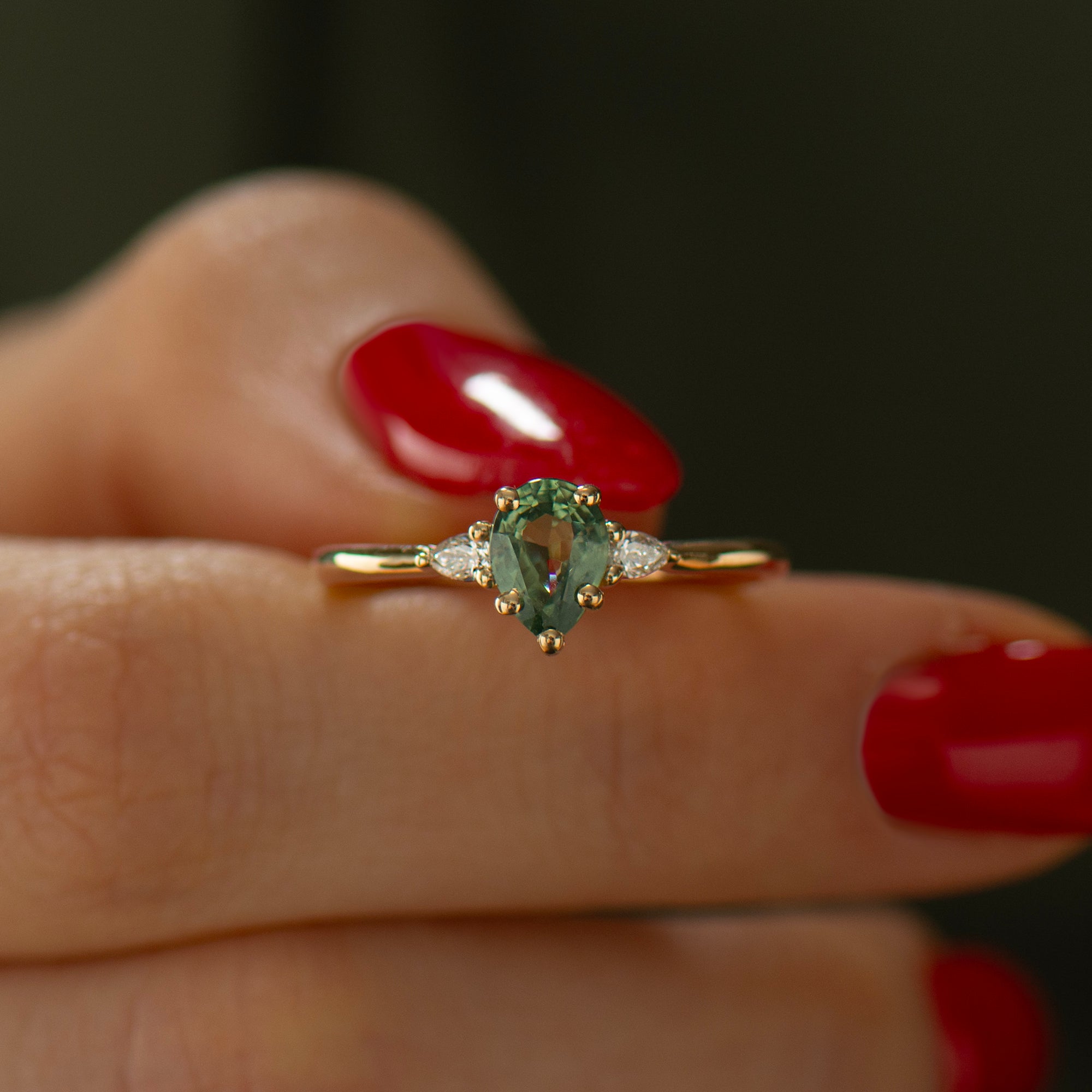 Green Sapphire Engagement Ring - Pear