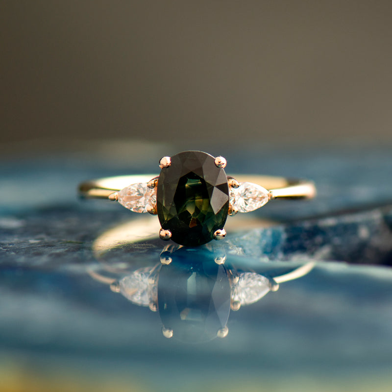 Dark Sapphire Ring w/ Diamond Swirl Design 14K White Gold