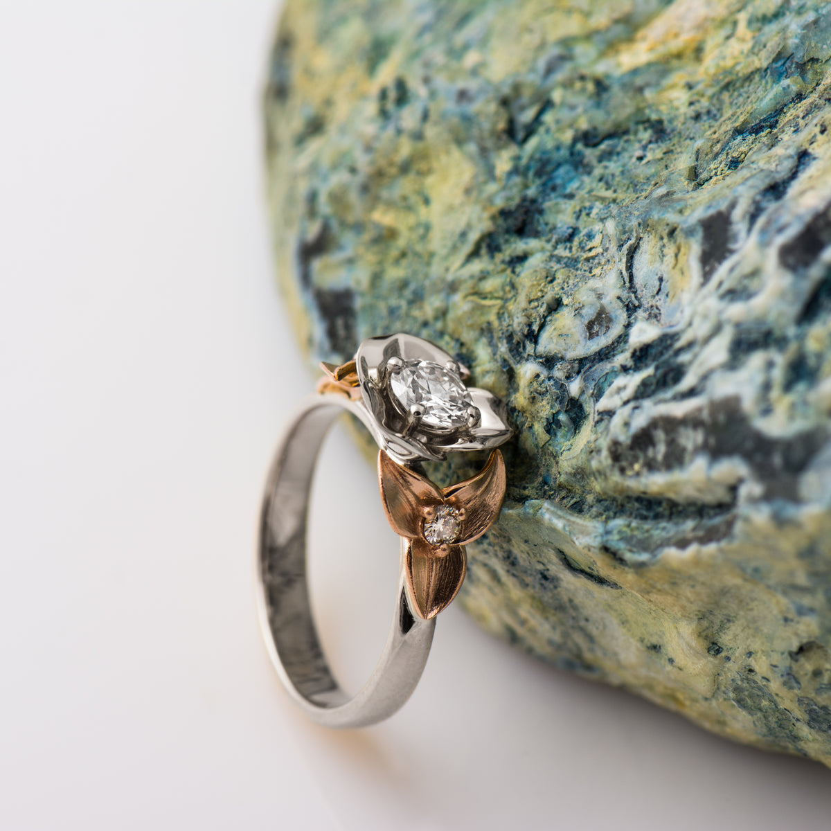 Two Tone Flower And Leaf Ring
