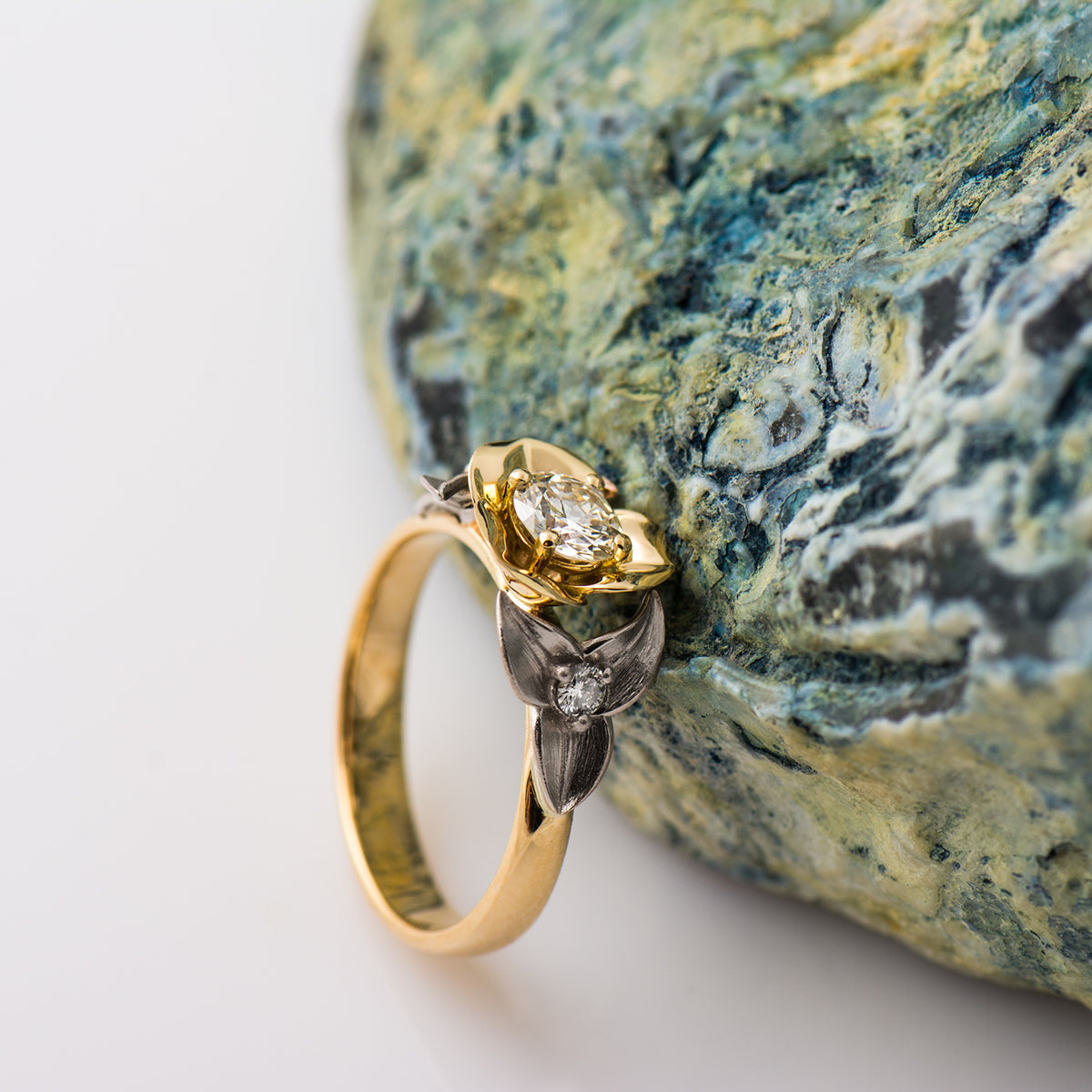 Two Tone Flower And Leaf Ring
