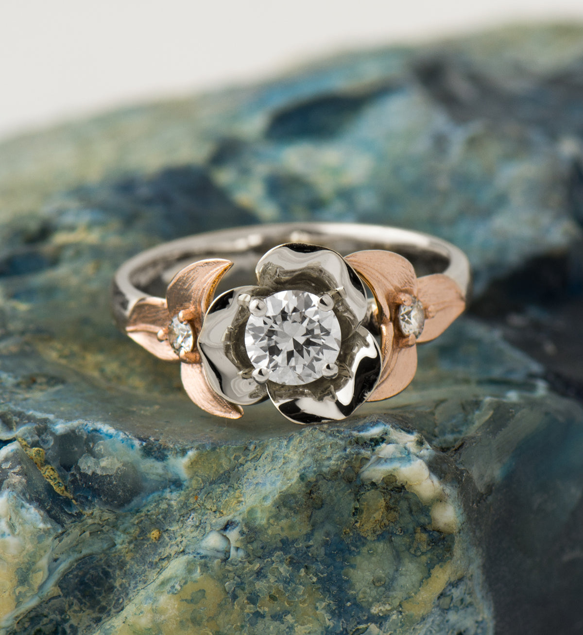 Two Tone Flower And Leaf Ring