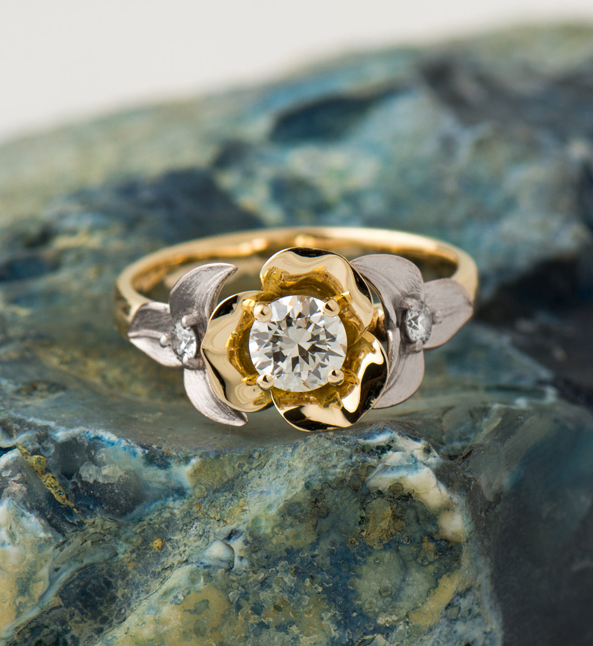 Two Tone Flower And Leaf Ring