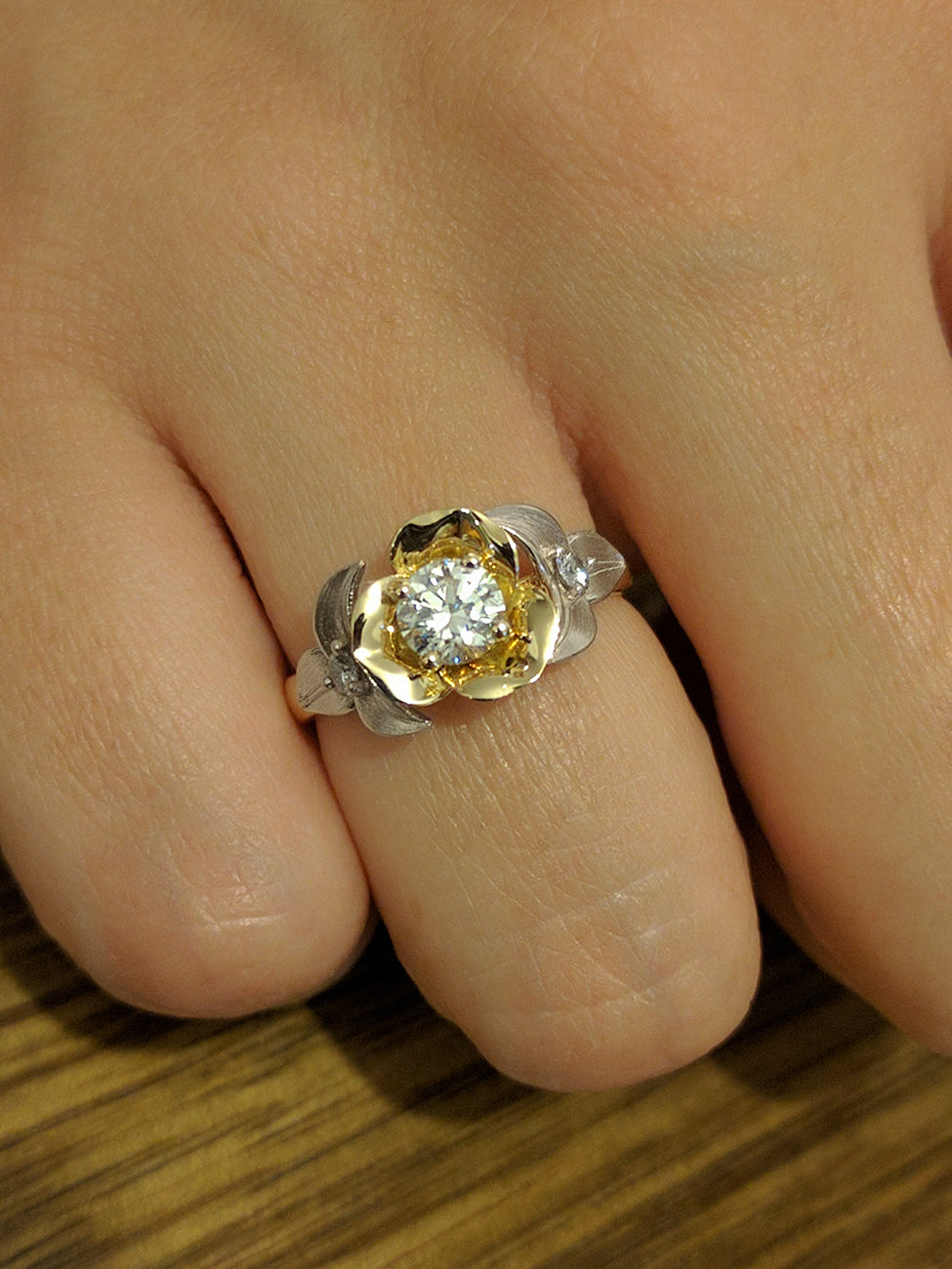Two Tone Flower And Leaf Ring
